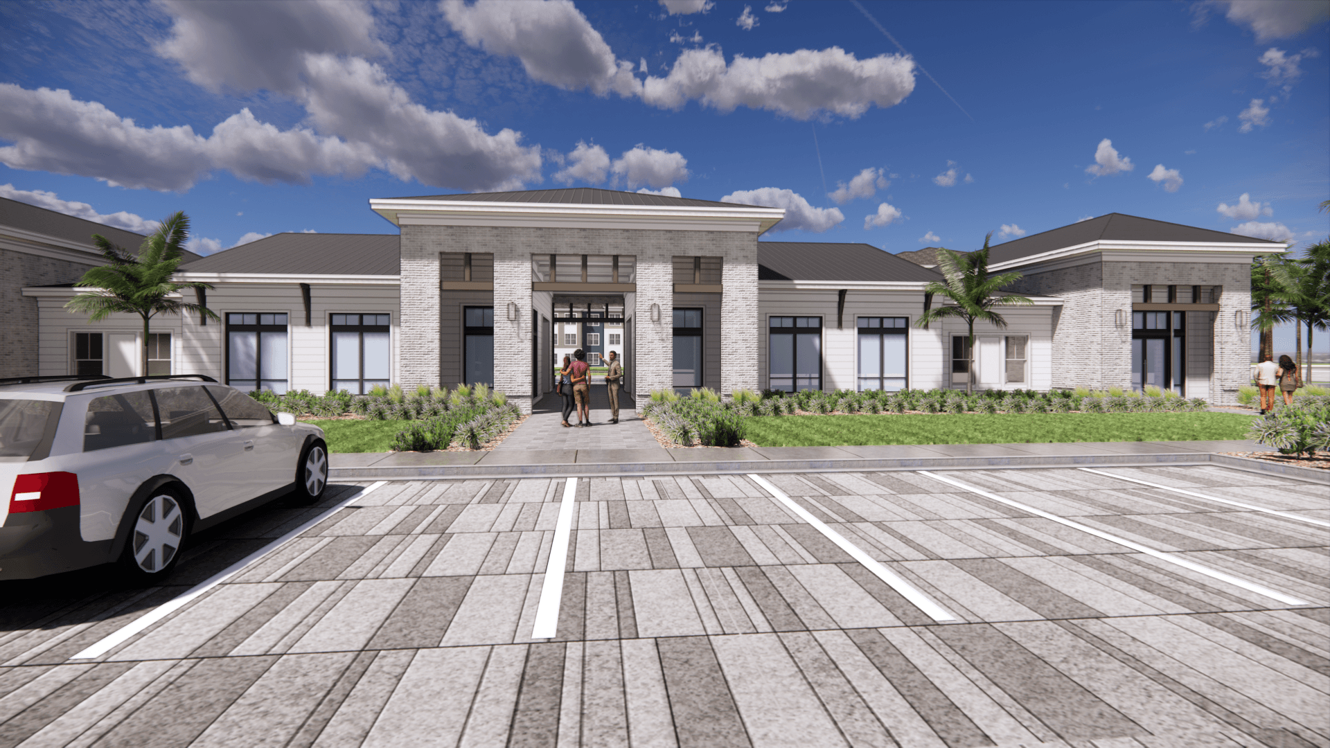 a rendering of a building with a car parked in front of it